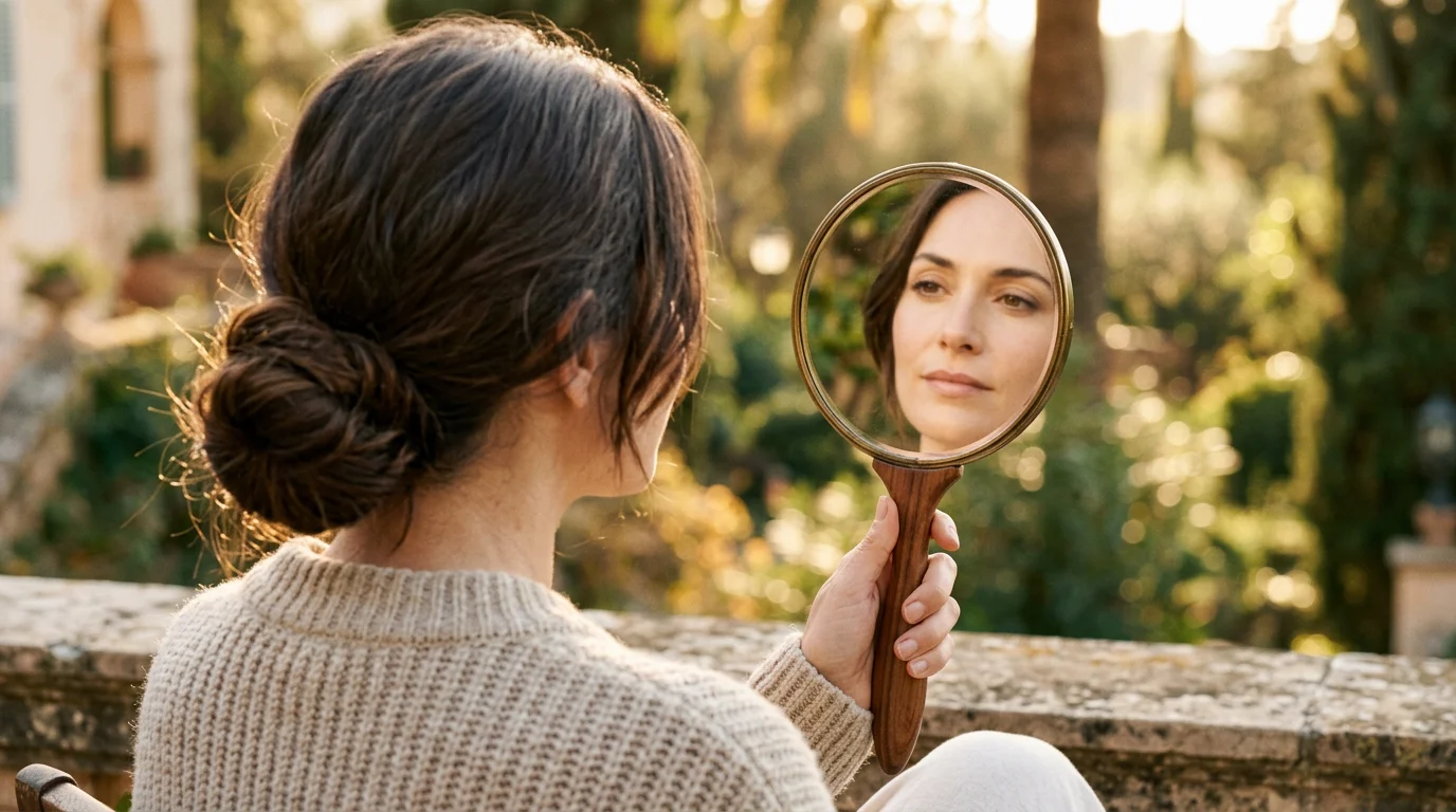 Woman seen from behind holding a handheld mirror, her face reflected in contemplation