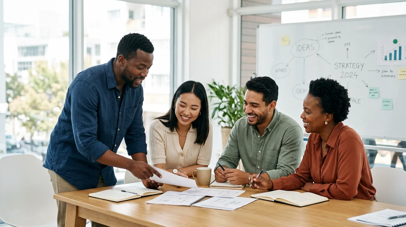 Team collaborating in a bright, modern office